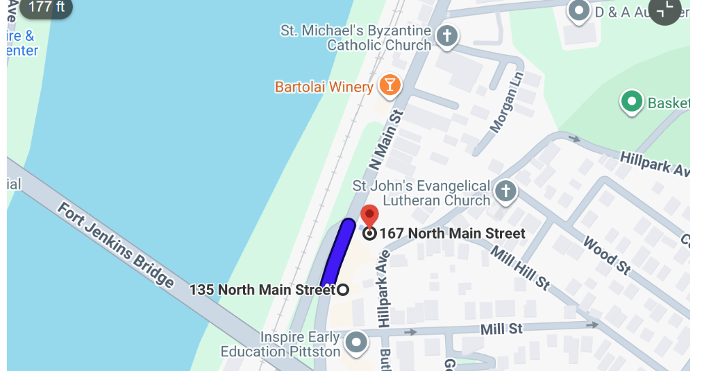 Map showing 135 N. Main (The Hobbiest) and 167 N. Main (Free Parking)